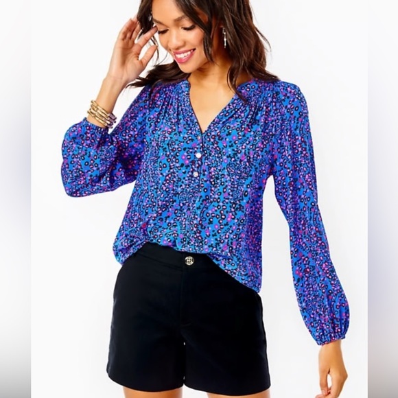 Lilly Pulitzer Elsa Silk Long Sleeve Top Blue Flare Growl and Prowl - Picture 7 of 7